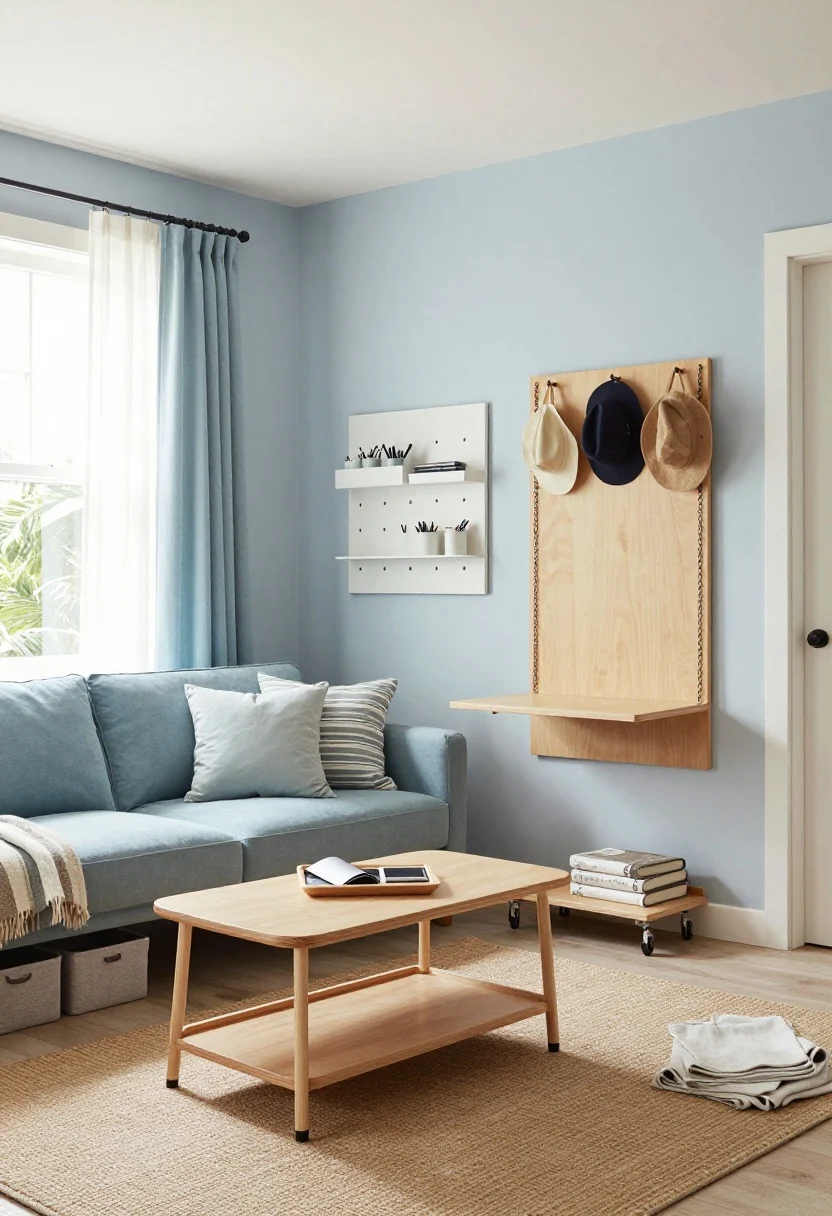Wide room shot, The Coastal Foldaway: a breezy, flexible living area with soft blues, sandy beiges, and whitewashed accents; gauzy curtains filter daylight; a striped throw hangs as a pseudo headboard; under-bed bins partially visible; a slim wall “command rail” with hooks holds hats, totes, and a collapsible drying rack; two nesting trays slide under a compact sofa replacing a coffee table; a small rolling cart serves as bar/nightstand/desk-on-wheels; white pegboard with modular shelves and cups for pens and utensils; a fold-down wall desk made from a hinged plywood panel with chain supports; flatwoven rug for easy folding; bright coastal daylight, clean styling, photorealistic, slight corner perspective.