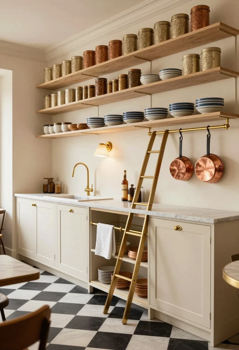 Wide shot from a slight corner angle of a Parisian bistro-inspired kitchen: black-and-white checkerboard floors, creamy cabinets with antique brass hardware. A wall of staggered shelves climbs close to the ceiling, accessed by a slim leaning ladder that doubles as decor. Shelves display embossed tins, cork-topped jars, and a row of blue-and-white bowls. Below, a marble-topped rolling cart with a towel bar acts as a mobile pantry. A brass rail holds hanging copper pans. A pleated sconce above the sink casts a warm glow. Palette: cream, black-and-white, brass, copper. Photorealistic, warm ambient and sconce lighting, cafe-chic mood.