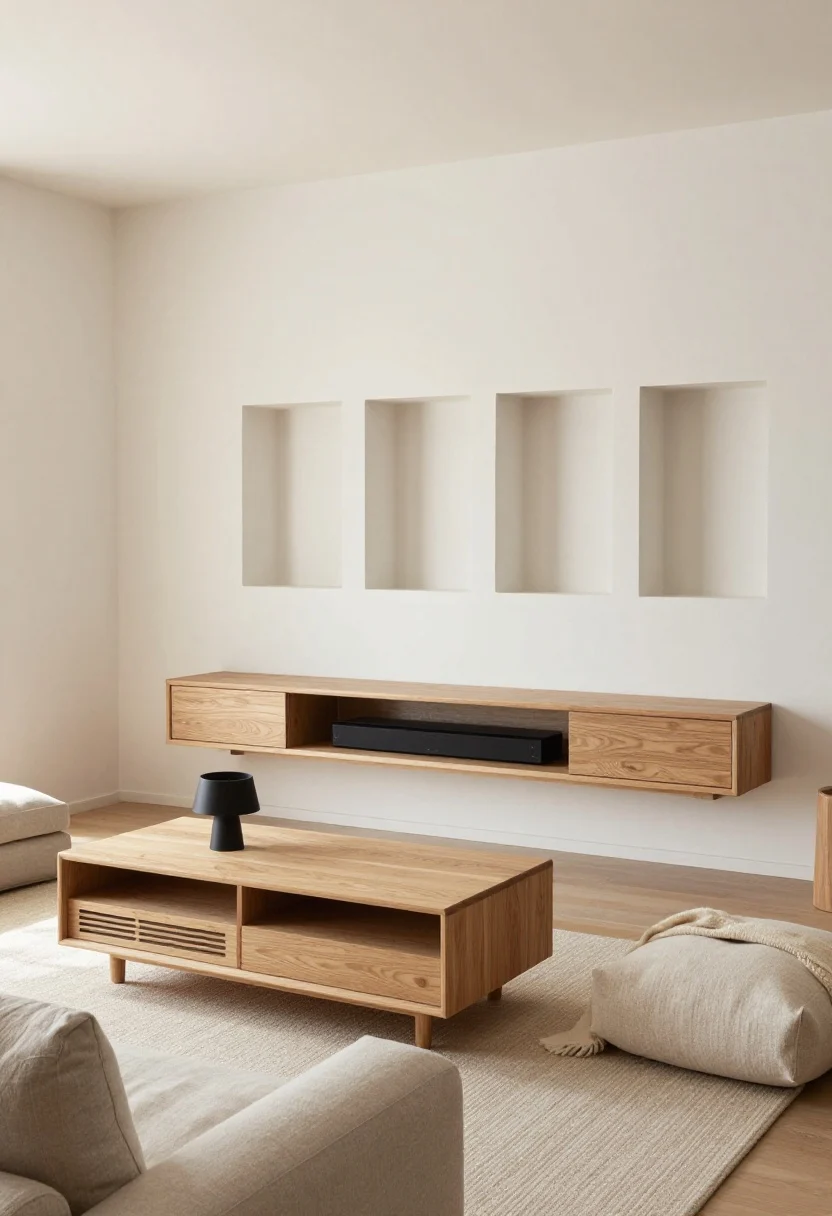 Wide shot, straight-on angle of a Japandi calm living room: soft white walls, sand-toned rug, latte linen sofa, pale oak nesting coffee tables with lift-up storage, blackened steel lamp. Show a low-profile oak media console with flip-down fronts and vented slats concealing a slim soundbar behind fabric panels. A wall of shallow plaster niches contains pull-out cubbies hidden by matchstick sliding screens. Include a narrow ledge shelf with hidden drawers under the lip, a boucle storage ottoman, nubby cushions, and a wool throw. Serene, uncluttered mood with warm natural daylight and soft shadows.