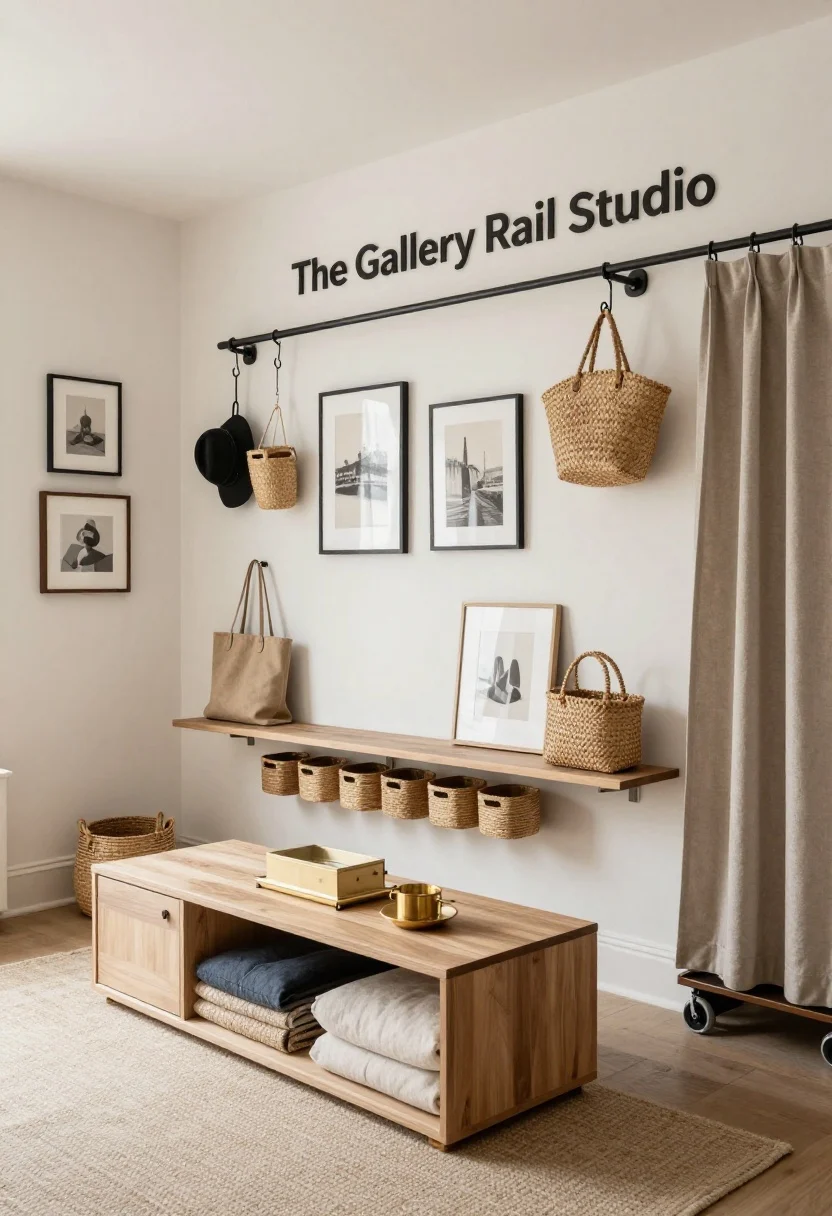 Wide shot, straight-on view of “The Gallery Rail Studio” in a small Parisian-inspired studio: creamy white walls, matte-black metal accents, soft oatmeal textiles. A tension-mounted gallery rail spans wall-to-wall with S-hooks holding framed art, woven baskets, and a few lightweight shelves. Below, a slim walnut console with hidden drawers floats above the floor; lidded seagrass baskets line beneath it as shoe storage. A rectangular storage ottoman serves as a coffee table, concealing blankets. Palette accents of brass hardware and details. Include peel-and-stick hooks with hats and totes on a side wall and a narrow rolling cart partially hidden behind a curtain. Photorealistic, soft natural daylight, refined and symmetrical composition.