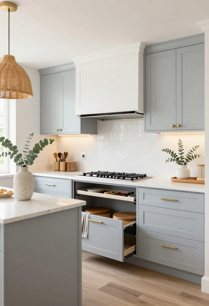 Wide shot, three-quarter kitchen view of a modern coastal space: white shaker uppers, pale blue-gray lower cabinets, brushed nickel hardware, honed quartz countertops. Show a pull-out pantry disguised as a standard panel, a toe-kick drawer under base cabinets for baking sheets, and a peninsula with a drop-leaf extension partly open; stools nest inside a deep drawer. Include an upper cabinet section with a lift-up appliance garage (door raised to reveal outlets), a thick backsplash ledge with concealed spice drawers accessed from the underside, rattan pendants, and LED under-cabinet strips on a dimmer. Style with eucalyptus in a stone vase and soft striped tea towels. Bright, breezy lighting.