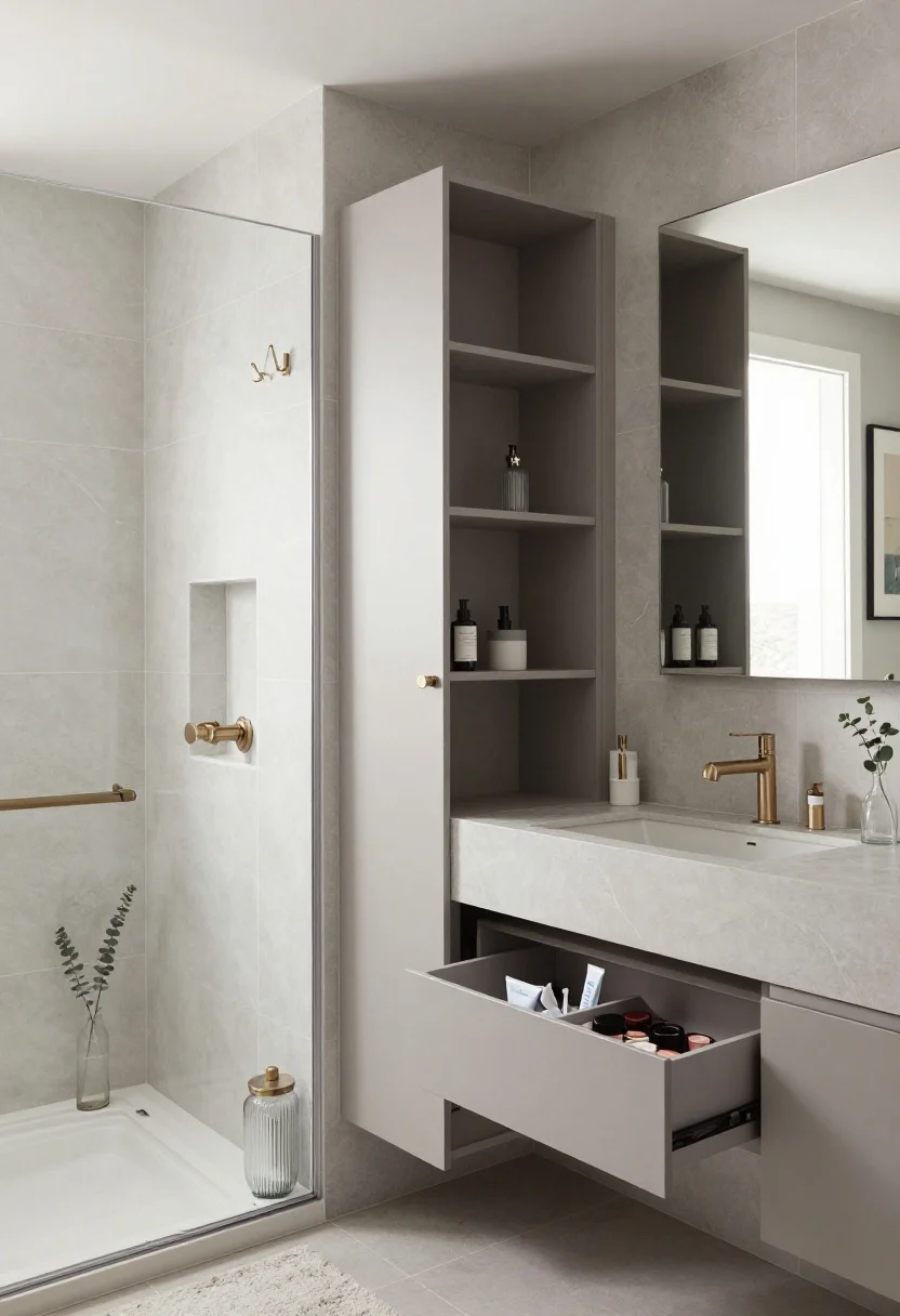 Wide, straight-on bathroom shot of a minimal glam space: soft greige tile with pale veining, matte champagne hardware. A full-width mirror cabinet wall appears uninterrupted but one panel is slightly ajar to reveal deep shelves. Below, a floating vanity with tip-out trays open to hide toothbrushes and tubes; a drawer-within-drawer partially pulled to show organized makeup. In the shower, a built-in niche with a magnetic cover matching the tile is slightly offset to indicate function. Over the toilet, a slim cabinet disguised as framed art. Include double hooks behind the door and a heated towel rail. Style with ribbed glass canisters, eucalyptus in a narrow vase, and a plush bath mat. Clean, boutique-hotel lighting with soft reflections.