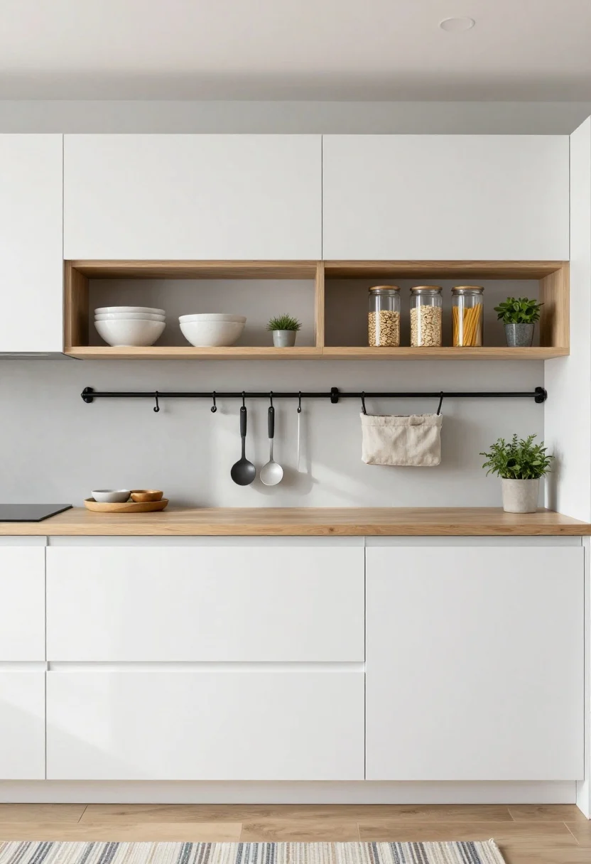 Wide, straight-on shot of a Scandinavian slimline kitchen: matte white flat-panel cabinets with slim black pulls, blond wood countertops, and a soft cloud-gray backsplash reflecting natural light. A continuous black steel rail runs the full wall, with S-hooks holding utensils, petite caddies for oils, and small herb pots. Two narrow ash open shelves above the rail display stoneware bowls, clear tall canisters of oats and pasta, and a linen-lined bread bin. Lower cabinets remain closed, implying hidden drawer organizers and a single pull-out for recycling. A muted striped runner rug adds warmth on the floor. Palette: white, blond wood, cloud gray, black accents. Photorealistic, daylight ambience, crisp minimal styling.
