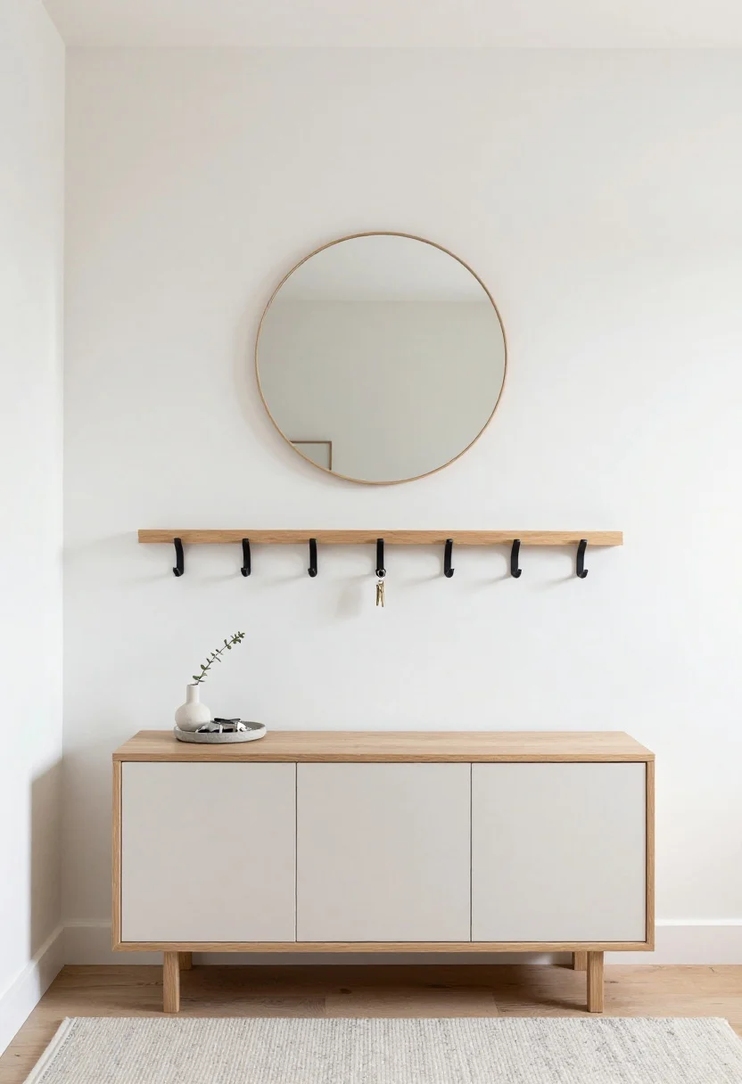 Wide, straight-on shot of a slim Scandinavian entryway landing zone: whitewashed wall, an 8–10" deep slim oak floating shelf with no visible brackets, a 24–30" frameless round mirror centered above, and a 6" deep narrow shoe cabinet with flip-down fronts below. Palette is pale and airy: soft oak, linen white, and matte black accents. Black powder-coated hooks in a tidy row on the wall, a magnetic key rail mounted beneath the shelf holding keys. On the shelf, a tiny stone tray for keys and a single stem in a bud vase. Floor features a nubby wool runner in ivory with micro-graphite flecks. Soft natural daylight bouncing off the mirror, photorealistic, uncluttered, calm mood.