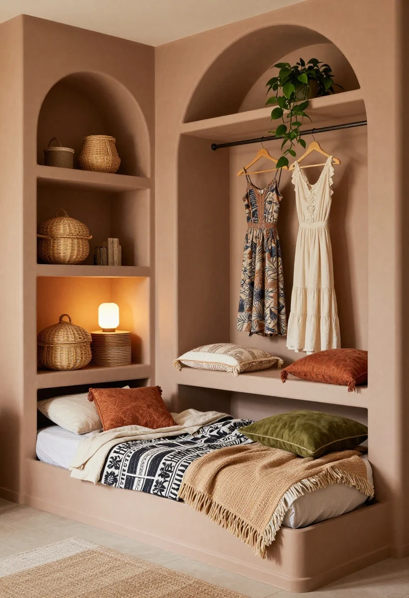 Detail closeup, Modern Boho Den With Layered Textures and Hidden Nooks: a tactile scene of a lift-up storage bed base slightly raised to reveal neatly stowed items, surrounded by arched alcove shelves painted the same earthy wall color; a stack of lidded woven baskets used as a side table with a small lamp on top; hanging rail across a window niche displaying a couple of favorite dresses as art; layered textiles—block-print quilt, tasseled pillows, and throws—showcasing terracotta, olive, sand, and off-black accents; trailing pothos spilling from a top shelf; warm, cozy ambient lighting.