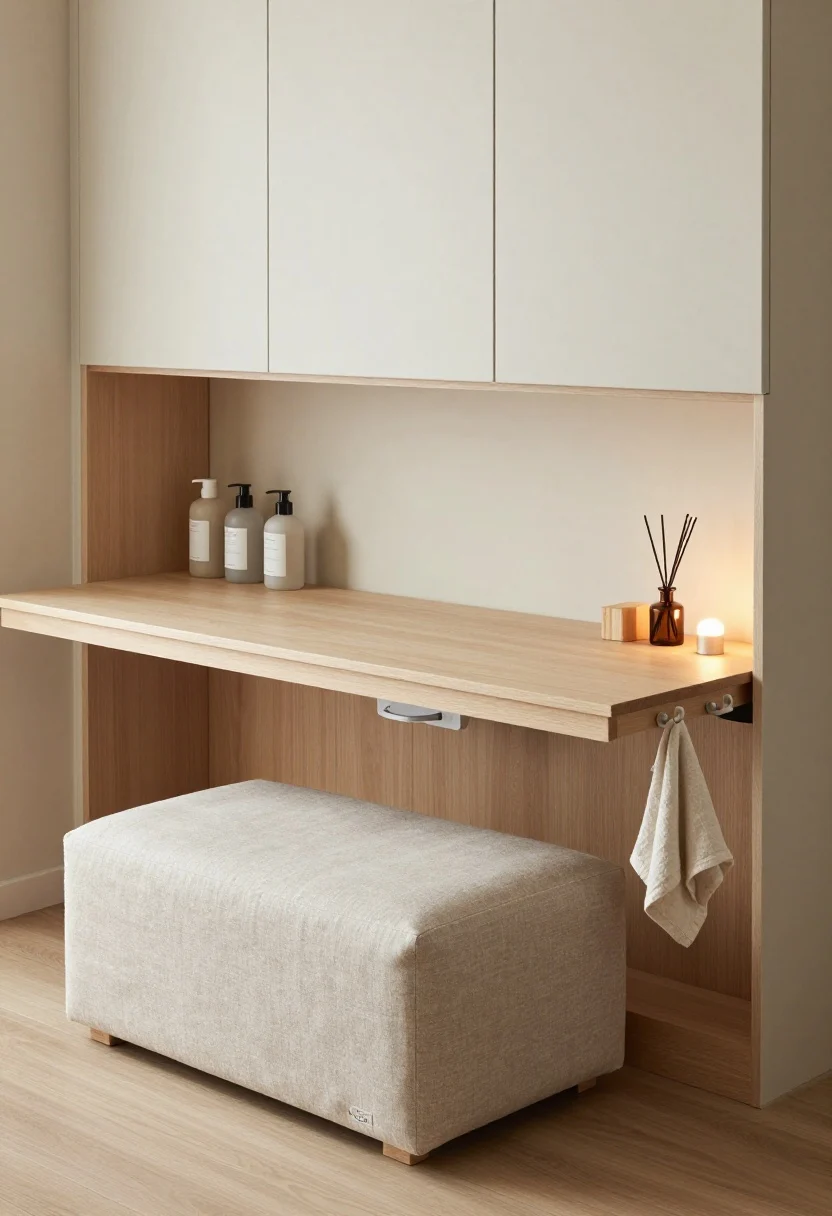 Detail closeup, overhead/angled, photorealistic: A serene Japandi foldaway alcove featuring a wall-to-wall fold-down birch table partially lowered over a compact washer; pale wood grain and creamy beige surfaces with a hint of soft sage cabinet fronts; slim Shaker doors flush to the wall; two shallow Shaker cabinets above with matte decanted bottles neatly lined; a linen-covered soft cube ottoman acting as step stool/hamper; ceramic hooks holding a light linen towel; a small warm LED puck casting a spa-like glow; cedar blocks and a tiny reed diffuser on a shelf; minimal, soft, calming lighting.