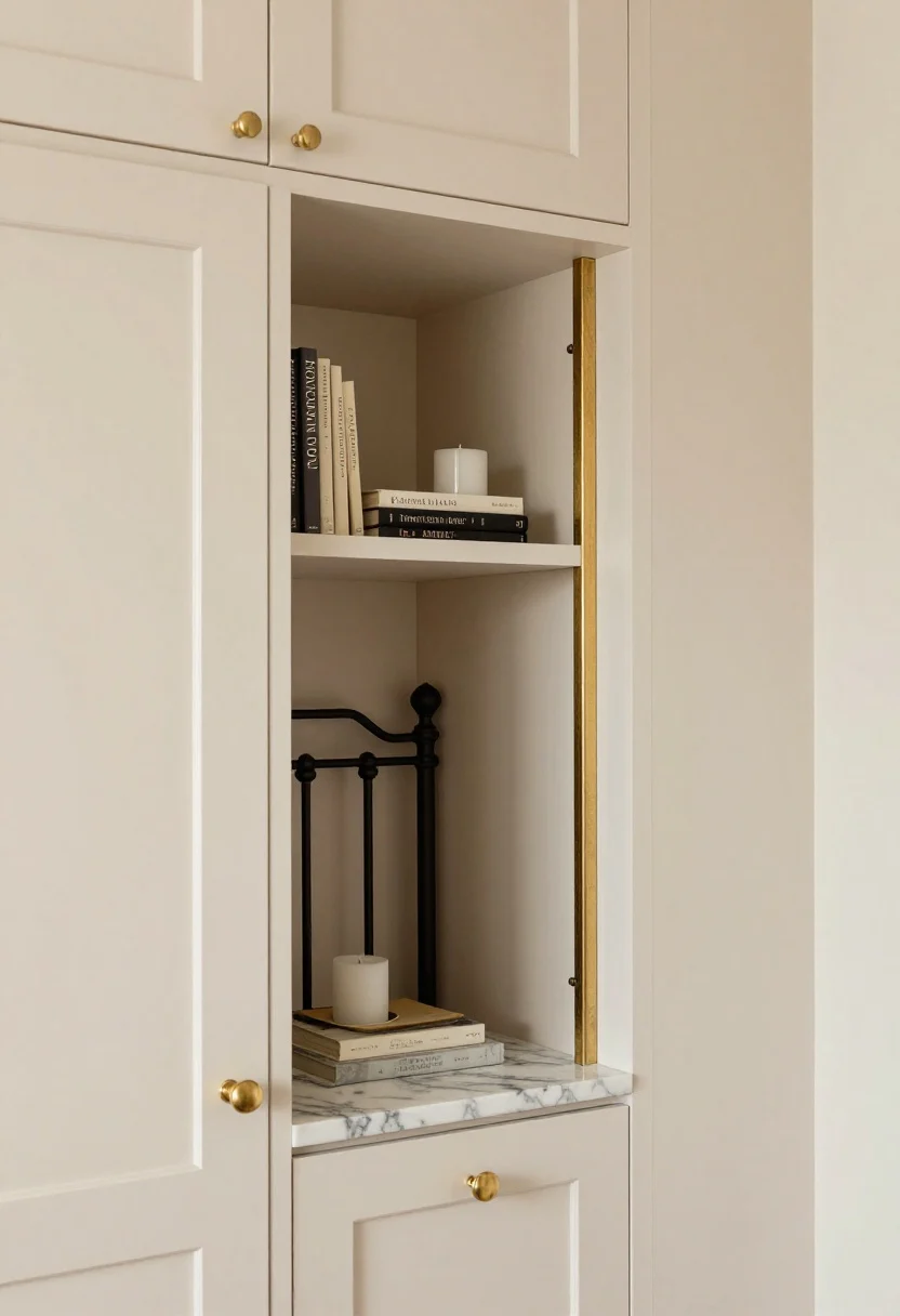 Detail closeup, Parisian Petite With High-Style Vertical Storage: a romantic vignette showing creamy wall backdrop with ceiling-height built-ins flanking the bed—closed-door cabinets up top and open shelves at eye level styled with books and candles; a glimpse of a vintage-inspired black metal bed frame and a slim marble-topped nightstand with unlacquered brass knob; over the door, a crown shelf holding pretty hat boxes; an oversize gilded mirror edge catching light, adding height; palette of cream, blush, antique brass, and inky black; warm, reflected daylight emphasizing patina and marble veining.