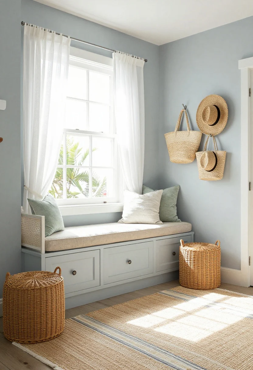 Medium shot, Coastal Capsule With Breezy Built-Ins: a bright, airy bedroom wall with pale blue-gray paint and a low built-in drawer bank running beneath a sunny window, topped with a cushiony perch; caned headboard in whitewashed wood tones; skirted bed with matching rattan lidded baskets tucked beneath; decorative wall hooks holding straw totes and sun hats; white cotton sheer curtains billowing gently; flatweave striped rug grounding the space; palette of sea salt, driftwood, cloud white, and seagrass green; soft coastal daylight and crisp shadows.