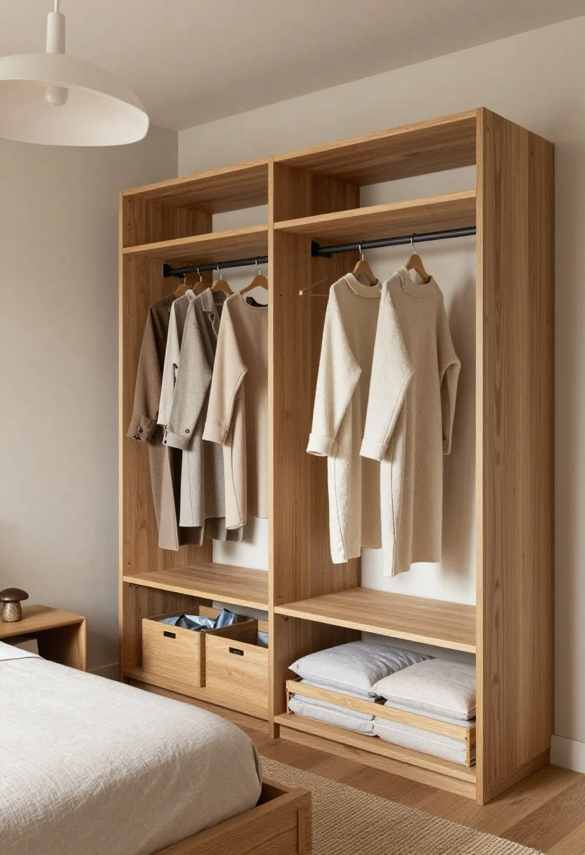 Medium shot, Japandi Calm With a Capsule Wardrobe Wall: a serene bedroom corner with muted clay walls, a structured pale oak bed frame, sculptural pendant casting soft pools of light; along the wall, a minimal open wardrobe system with oak shelves and black metal uprights holding a curated capsule wardrobe on uniform wood hangers; under-bed lidded baskets containing under-bed vacuum bags peeking from beneath; a bench with a lift-up seat at the foot of the bed slightly ajar revealing neatly folded linens; natural jute rug underfoot; a shoji-style sliding screen partially drawn to conceal part of the wardrobe; palette of mushroom, clay, pale oak, and charcoal accents; soft, diffused lighting.