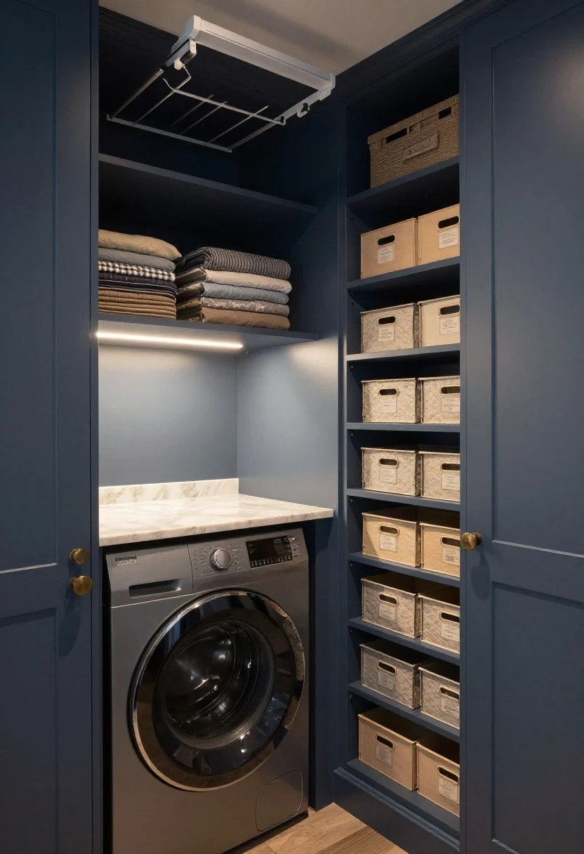 Medium, straight-on closet interior, photorealistic: A moody built-in laundry closet with bi-fold doors and full interior painted charcoal blue; a full-height cabinet tower on one side with labeled baskets and file-sorter style dividers for folded linens; marble-look laminate counter over a front-loader just deep enough for folding; brushed brass or aged bronze knob pulls; a small LED light strip glowing under a shelf; a ceiling-mounted retractable drying line spanning the closet; lidded baskets neatly arranged; dramatic yet warm, focused lighting inside the closet with doors partially open.