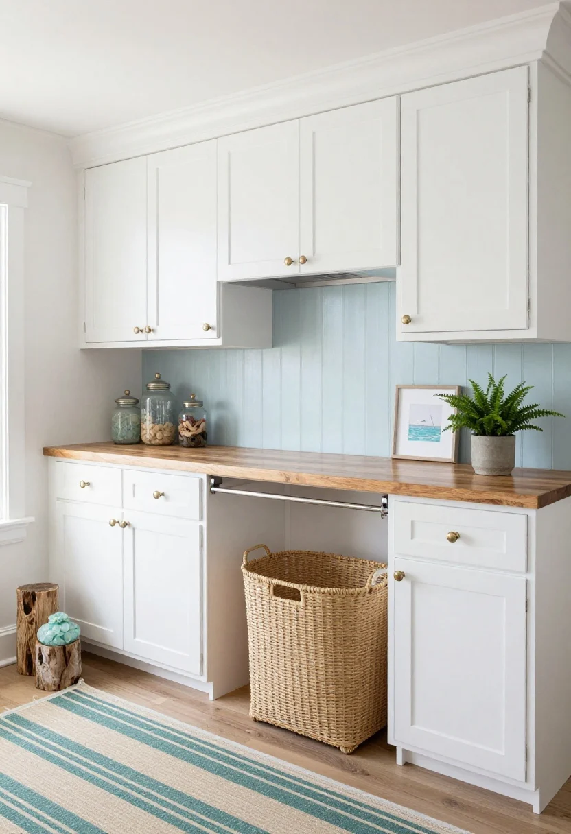 Medium-wide, straight-on, photorealistic: A coastal cabinet wall framing side-by-side machines with floor-to-ceiling soft white cabinetry; upper doors with cane fronts for airy texture; a pale blue beadboard backsplash; a warm butcher-block counter bridging the machines as a folding surface; a woven rolling hamper tucked beneath; polished nickel pulls; a striped runner on the floor; accents of sea glass green, sandy beige, and weathered driftwood in jars and decor; a small potted fern and framed coastal sketch on display; bright, beachy natural light.