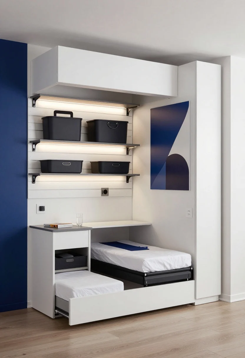 Overhead angle, Smart Tech Micro-Suite With Slide-and-Stow Zones: a compact, sleek bedroom layout with clean white walls, graphite accents, and a bold cobalt highlight; a slat wall system populated with movable shelves, hooks, and bins organizing essentials; a Murphy bed with side cabinets folded down into day mode, or a daybed with drawers visible; a sliding pocket nightstand partially pulled out from under the bed platform holding a book and glass; LED strip lighting glowing under shelves to keep surfaces bright; single large graphic print on the wall; smart plugs and discreet cord management keeping cables tidy; crisp, modern illumination.