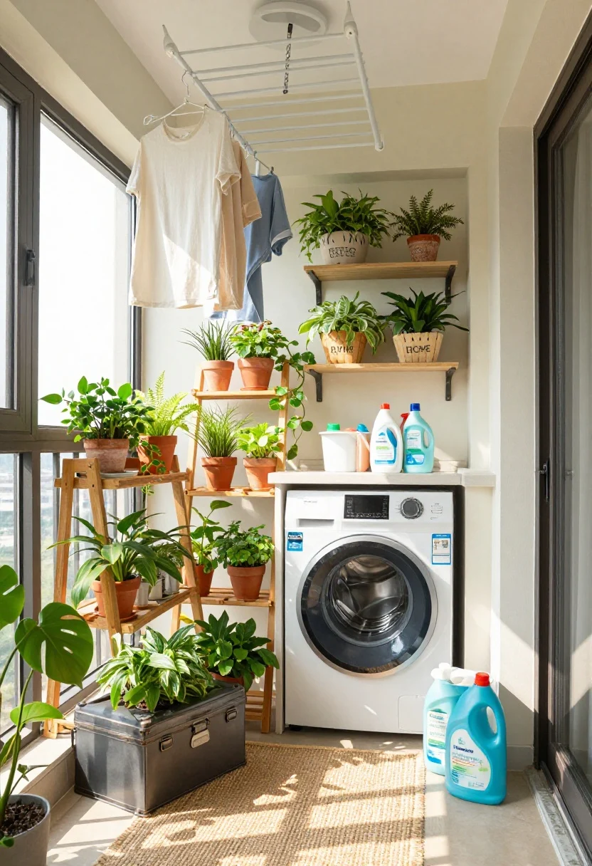 Wide balcony scene, photorealistic: A plant-filled sunlight laundry balcony with a compact washer against a wall; a ladder shelf of thriving plants in terracotta pots and labeled baskets holding cleaning supplies; a ceiling-mounted drying rack lowered by a pulley, sunlit clothes air-drying; outdoor-safe storage trunks in weather-resistant resin and powder-coated metal; a jute washable rug underfoot; moisture-proof bins for detergents; bright, sun-kissed atmosphere with strong natural light and shadows, airy and fresh mini conservatory vibe.