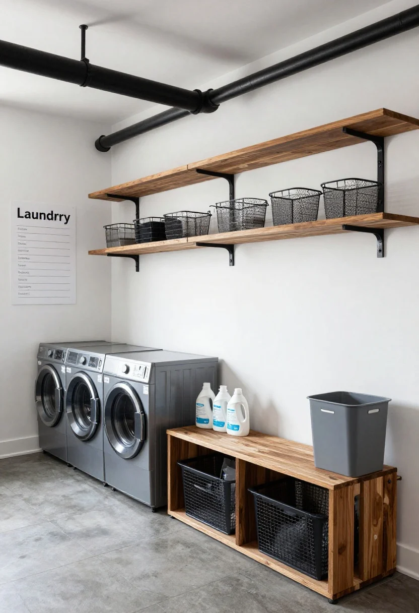 Wide corner angle, photorealistic: An urban industrial laundry station open to a living space, featuring exposed black pipe rails spanning the wall with shirts on S-hooks; reclaimed walnut-toned wood floating shelves above holding metal mesh bins and enamel caddies; concrete-look peel-and-stick tile flooring; a low wheeled locker bench with detergents on one side and a divided hamper on the other; a crisp graphic laundry checklist print on the wall; palette of black, walnut, concrete gray, and white accents; a magnetic lint bin attached to the washer side; bright ambient light with slight shadow for industrial mood.