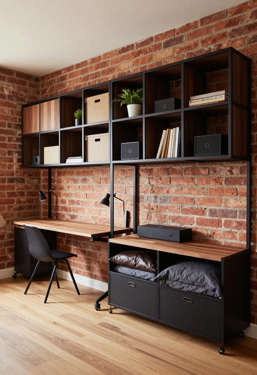 Wide shot, Industrial Loft Nook With Grid Shelving: an edgy yet cozy alcove bedroom with exposed brick (or brick-effect) wall, floor-to-ceiling black metal grid shelf acting as headboard and storage—closed boxes on the lower shelves for clothes, open cubbies above with plants and compact speakers; warm walnut tones in flooring and accents; narrow matte-black rolling carts as nightstands tucked partly under the grid; a wall-mounted folding desk in walnut and black hardware folded up flush; heavyweight cotton duvet in charcoal with a leather throw pillow; clamp lamps attached to the grid providing task lighting; palette of brick red, walnut, charcoal, and matte black.