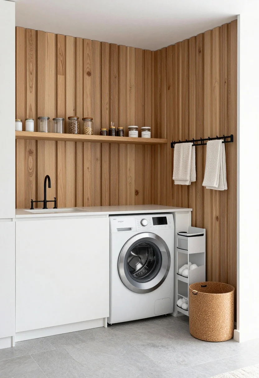 Wide shot, photorealistic: A calm Scandinavian slat wall nook with a warm oak slat wall behind a stacked washer-dryer; matte white cabinets flanking the stack; soft gray stone-look vinyl flooring; a narrow floating shelf mounted across the machines holding glass detergent canisters and labeled jars; a slim pull-out rolling cart tucked beside the stack with stain sticks and dryer balls; a small peg rail with mesh bags and a collapsible hanging rack folded flat; hidden tilt-out hamper cabinet partly open; palette of white, oat wood, soft gray with subtle black hardware; waffle weave towels in warm white, cork and felt bins; bright, even natural daylight.