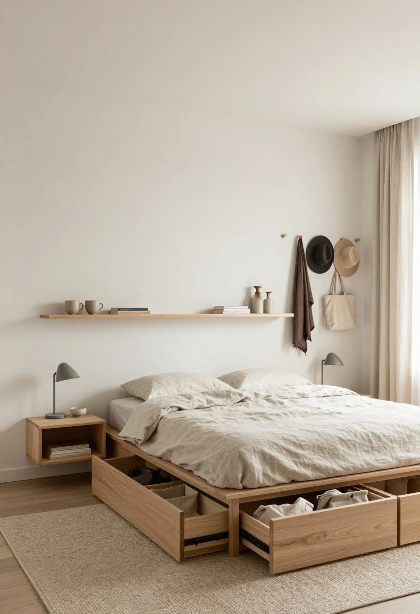 Wide shot, Soft Minimalist Suite With Hidden Storage: a calm, photorealistic bedroom with warm white walls, pale oak platform bed featuring deep drawers slightly open with fabric bins, breezy flax-colored linen duvet, slim wall-mounted nightstands floating on either side, a shallow headboard shelf holding a couple of matte ceramic cups and two books, a continuous rail-and-peg system along one wall displaying hats, totes, and scarves like curated art, nubby oat-toned rug underfoot, linen curtains filtering soft daylight, low-profile swivel-head sconces for reading; palette of warm white, sand, oat, and soft gray; clutter-free, airy mood.