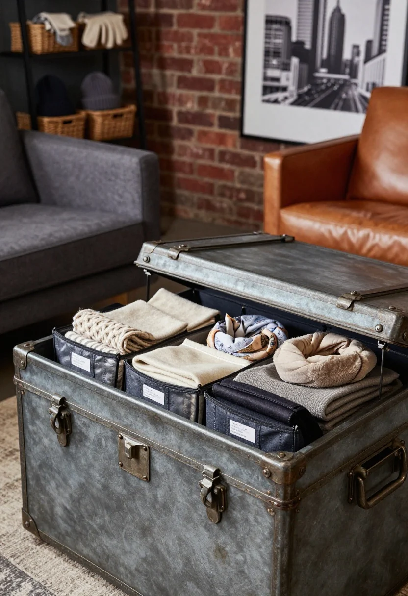 Detail closeup of an industrial storage trunk coffee table in distressed metal, lid open: inside, neatly stacked wool throws in breathable garment bags, fuzzy slippers, and infinity scarves in labeled pouches arranged vertically to maximize space; foreground shows rugged metal hardware and worn patina; blurred background hints of a brick-look wall, charcoal sofa, cognac leather chair, and oversized black-and-white city print; ladder shelf with baskets for beanies and gloves off to the side; moody, deep tones with directional window light, photorealistic.