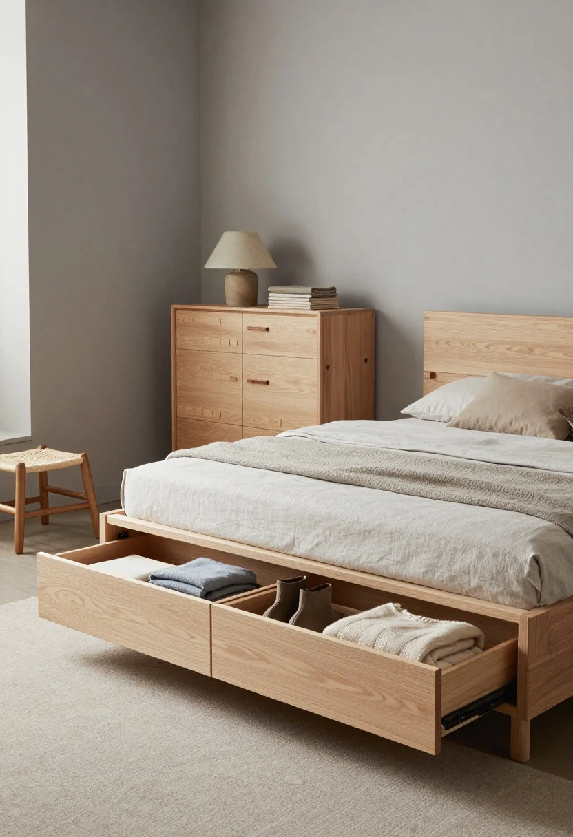 Medium bedroom shot in serene Japandi style from a corner angle: a light ash wood platform bed elevated on deep glide drawers, one drawer open to show labeled canvas cubes of folded sweaters and shallow trays with off-season boots; pebble-gray walls and linen bedding in calm neutrals; a single sculptural ceramic lamp on a low night table; a woven stool; a narrow vertical armoire in matching light wood with adjustable shelves stacked with folded thermals; subtle soft edges, cedar blocks visible in a drawer; diffused morning light, photorealistic.