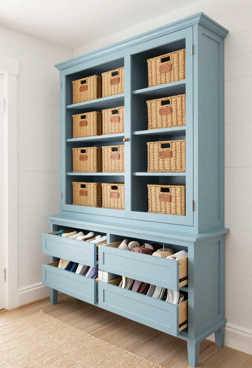 Medium hallway perspective shot with coastal calm vibe: overhead cabinets/cubbies painted seafoam or misty blue float above eye level, each fitted with rattan baskets labeled with small leather tags; white shiplap walls and a sandy jute runner underfoot; a slim console with louvered doors below, drawers cracked open to show neatly arranged wool socks in organizers and lightweight compression cubes for scarves; soft daylight, breezy beachy feel, photorealistic.