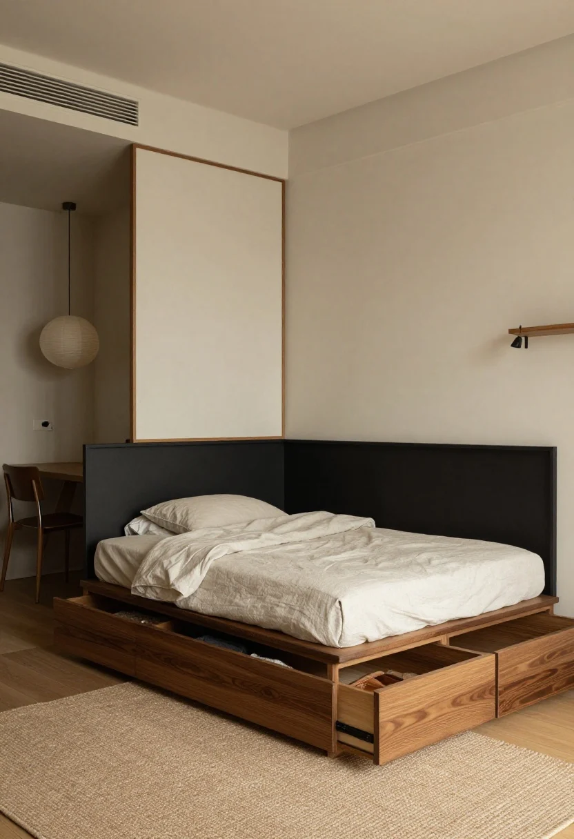 Medium shot, corner angle: A serene Japandi sleep nook with a raised bed platform in smoked wood featuring deep drawers open to reveal folded textiles; low-profile headboard shelf in matte black accents replacing nightstands, stonewashed linen bedding with nubby cushions, a flatwoven jute rug underfoot; across the room, partially open shoji-style sliding panels concealing a micro office with a narrow desk and tuck-away task chair; rice paper pendant lighting and wall-mounted swing lamps keeping surfaces clear; palette of putty, warm taupe, matte black, smoked wood; calm, minimal, photorealistic.