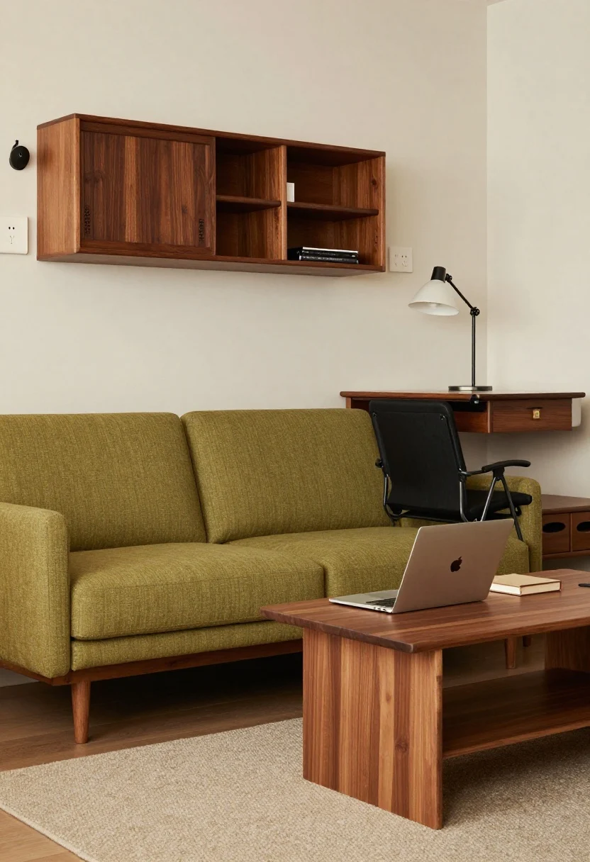 Medium shot, side angle: Mid-century work-from-home corner featuring a compact two-seater sofa on tapered legs in moss-toned upholstery, a teak lift-top coffee table raised to desk height with a laptop and notebook; behind it, a shallow bookcase with a sliding door partially closed to hide clutter, a folding task chair leaned neatly nearby for after-hours storage; plug-in sconces flanking the scene and a clip-on lamp attached to the bookcase shelf; a bench with shoe drawers along the wall ready for extra seating; palette of teak, moss, buttercream, matte black; warm, functional, photorealistic.