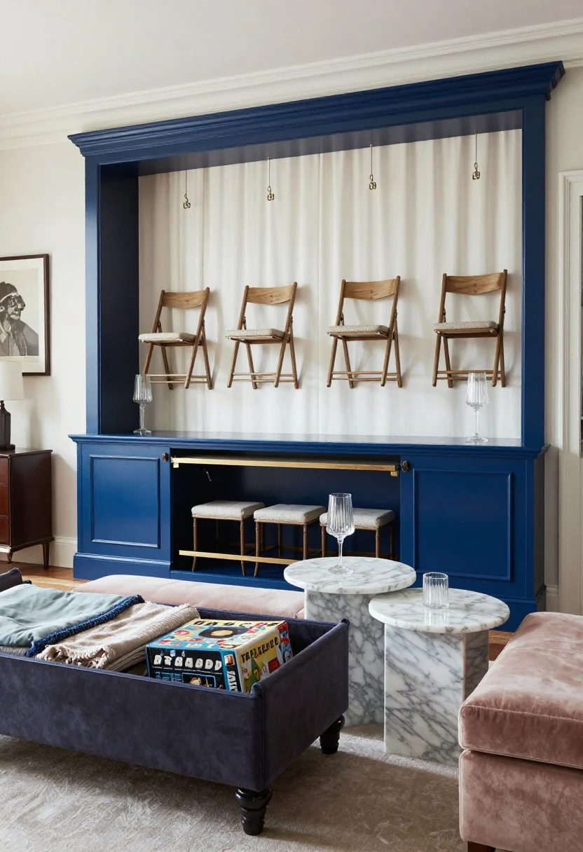 Medium shot, straight-on: A Parisian chic living-dining vignette with a velvet loveseat on turned legs in soft blush, a storage ottoman open to reveal blankets and board games, a transforming console table against inky blue picture molding peel-and-stick that flips into a six-seater (shown mid-transform), a set of folding café chairs hung on pretty hooks concealed behind long cream drapery panels; fluted glass lamps, marble-look nesting tables, a slim credenza doubling as bar/media with antique brass accents; elegant, polished, photorealistic.