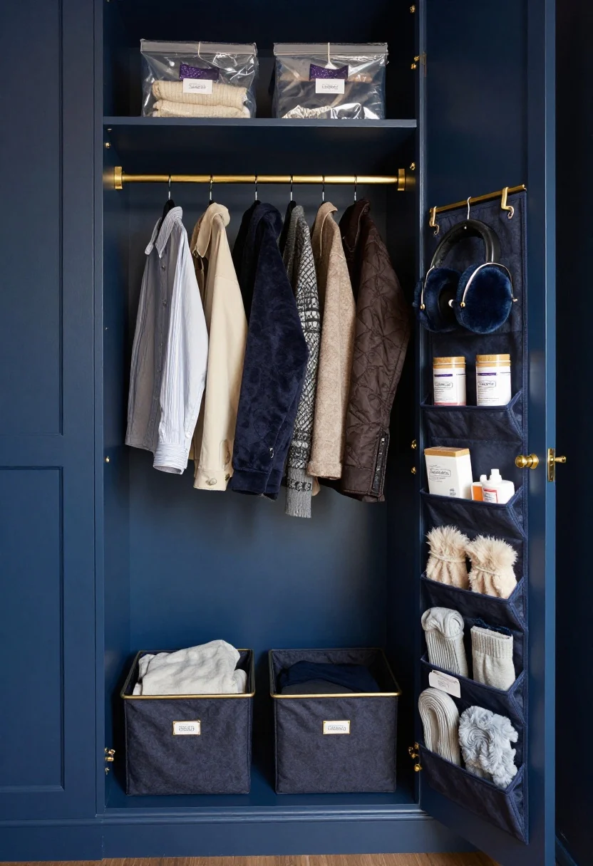 Medium, straight-on closet interior makeover shot with moody atmosphere: ink-blue painted closet walls, brass double-hang rods with velvet hangers; current-season clothes front and center; slim, labeled under-hang bins below holding folded thermals and tights; top shelf shows off-season coats in vacuum bags and breathable boxes for sweaters with lavender sachets; a narrow over-door organizer on the closet door storing earmuffs, hand warmers, and wool care supplies; deep blues and brass details, soft even lighting, photorealistic.