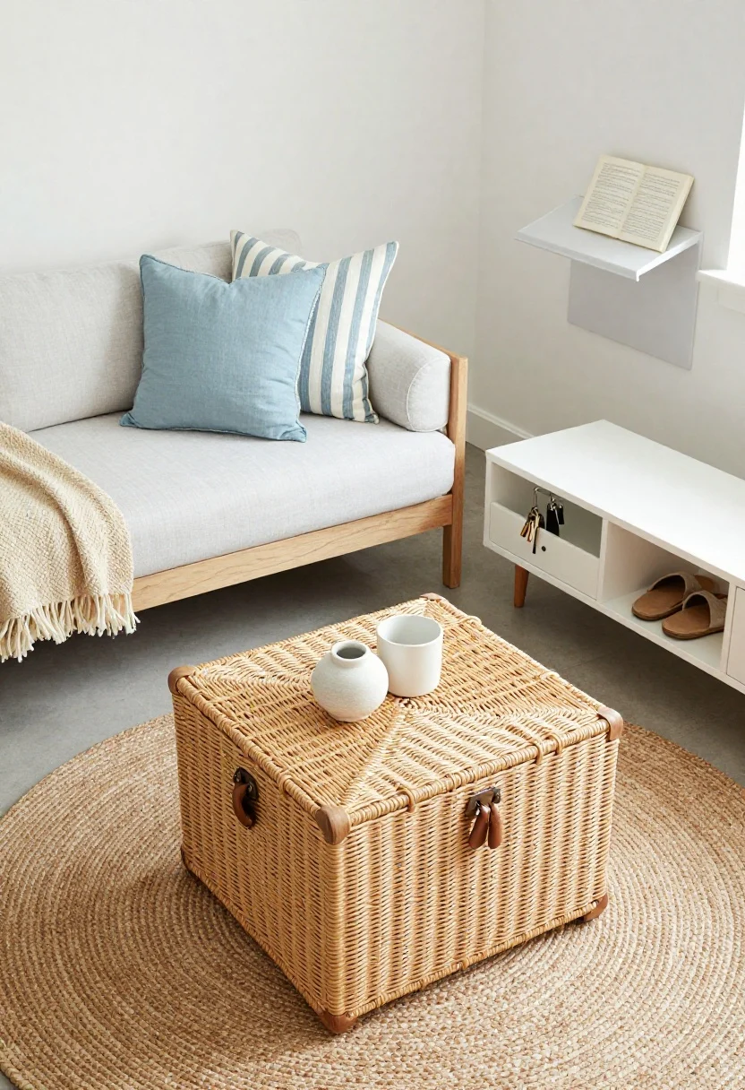 Overhead detail shot: Coastal calm textures and drop zones—twin XL daybed with trundle partially pulled out and styled as a sofa with striped pillows and a seagrass throw; a rattan lidded trunk used as a coffee table centered on a round jute rug; nearby, a floating bench with drawers near the entry holding keys and sandals, and a flip-up wall desk closed, reading like art; palette of sea salt, misty blue, driftwood, crisp white; materials of rattan, linen, sisal, matte ceramics arranged on the trunk; bright natural light, photorealistic.