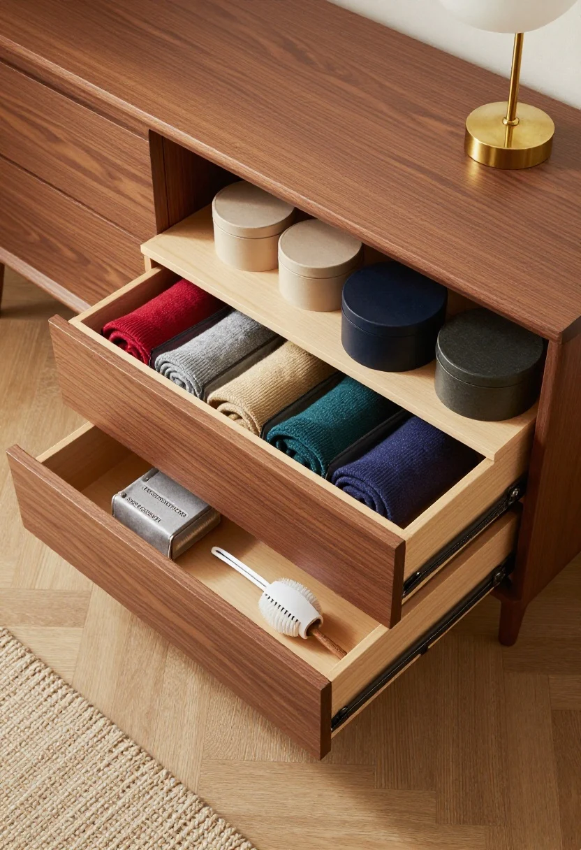 Overhead detail shot of a mid-century storage daybed drawer open: warm walnut frame visible, two deep drawers; inside, color-coded rolled sweaters in breathable bags, a couple of round hat boxes stacked neatly; a compact fabric shaver and lint brush tucked in the corner; edges of a geometric wool rug peeking into frame, glint of brass from a nearby sconce; clean, retro mid-century palette with walnut and brass accents; crisp natural light, photorealistic.