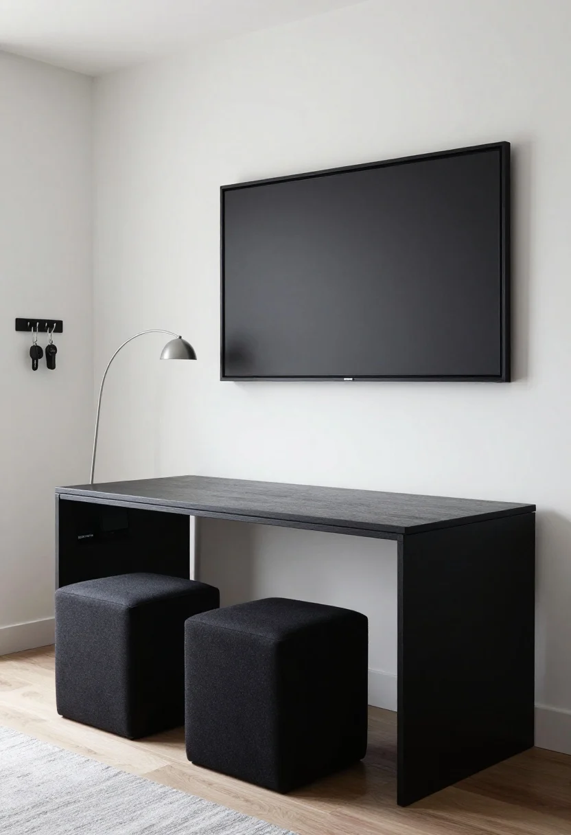 Photorealistic detail closeup of a Contemporary monochrome gallery vignette: soft white wall with ink black trim; wall-mounted drop-leaf dining desk folded flat beneath a tight-palette gallery of black frames; two cube ottomans tucked under a floating media shelf; edge of a storage chaise sectional revealed with open hidden cavity storing bedding and tech; over-door cabinets painted to match walls; magnetic strip near entry holding keys and small tools; sculptural arc lamp reaching across frame; crisp high-contrast lighting, straight-on composition focusing on clean lines.