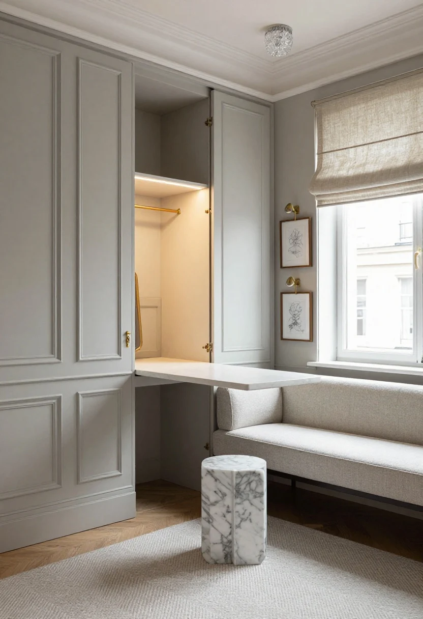 Photorealistic medium shot of a Parisian petite suite with a convertible armoire: pale greige walls with molded picture-frame trim panels, subtle herringbone rug; convertible armoire open, revealing a drop-down table with interior lighting and shelves set up as a compact dining/vanity workstation; petite bouclé settee; marble pedestal side table tucked neatly into a corner; slim storage bench along the window; brass picture lights over framed sketches, linen Roman shade; small crystal flush mount on ceiling adding gentle sparkle; soft, elegant ambient lighting, slightly angled perspective.