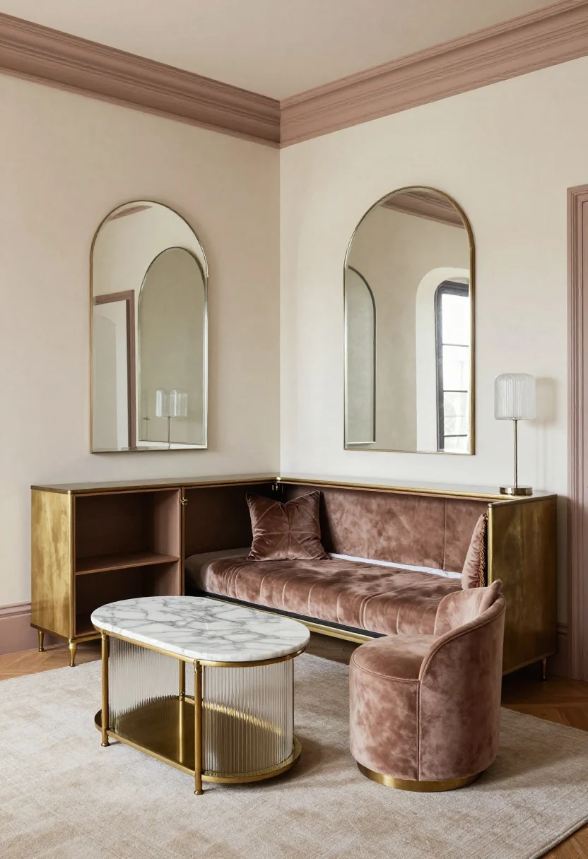 Photorealistic medium shot of an Art Deco micro-studio “salon” with a Murphy moment: cream walls with a hint of blush, soft taupe trim, antique brass accents; Murphy bed folded up into integrated side cabinets creating open living space; marble-topped nesting coffee table partially expanded; arched mirrors flanking the living wall to bounce light; petite slipper chair; bar cart with closed compartments positioned to double as nightstand when the bed is down; geometric velvet cushions on seating, ribbed-glass standing lamp, fringed throw; surfaces mostly clear; soft, glam lighting with subtle reflections, straight-on view.