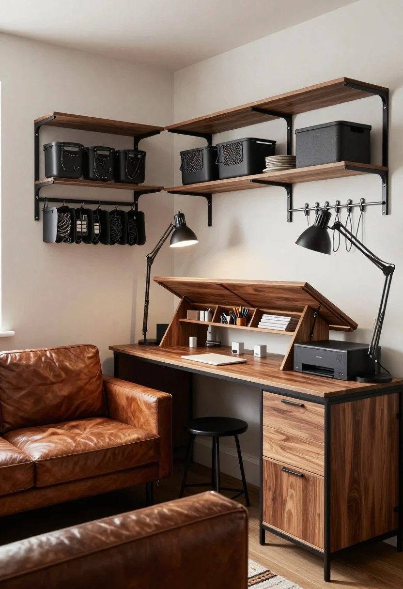 Photorealistic medium shot of an Industrial work-from-home studio with a flip-down office: charcoal walls, black metal frames, warm walnut accents; wall bed with integrated flip-down desk open, showing shallow compartments neatly holding pens, chargers, notebooks; modular metal shelving system climbing the wall with hooked baskets for cables, a hanging beam for jackets, and a slim cabinet for a printer; counter-height stools tucked under the desk; cognac leather loveseat with a wool kilim softening the space; swing-arm task light pivoted toward the desk; cords organized with magnetic clips; moody directional task lighting, corner perspective.