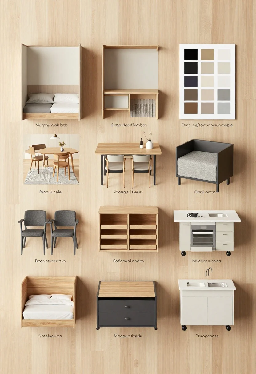 Photorealistic overhead detail shot for the FAQ takeaways scene: flat-lay arrangement on a light wood surface showing product cues and zoning tools—miniature samples and swatches labeled for Murphy/wall beds, drop-leaf/transforming tables, modular shelving, storage ottomans, stackable dining chairs, platform beds with drawers, rolling kitchen islands; paint chips in cohesive palettes; small rugs and lighting mockups indicating zoning; hardware finishes like powder-coated metal, engineered wood veneer, and stain-resistant fabric swatches; clean, instructional mood with soft studio lighting.