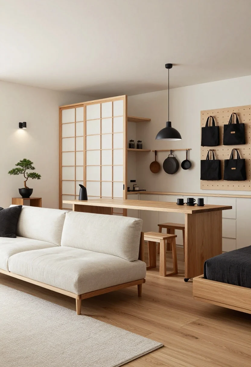 Photorealistic wide room shot of a Japandi loft nook: clean Scandinavian lines with Japanese minimalism, palette of warm oak, soft white, and matte black; low tufted lounge sofa on slim legs revealing airy oak floors; wall-mounted media shelf; folding shoji-style room divider that slides to conceal a compact work area; center-stage drop-leaf island on locking casters functioning as dining table/prep zone/console; nesting wood stools; platform bed with deep drawers partially visible; pegboard wall holding cookware and bags; nubby wool rug, single bonsai on a narrow console, matte-black swivel sconces casting soft directional light; calm, serene mood, corner angle.
