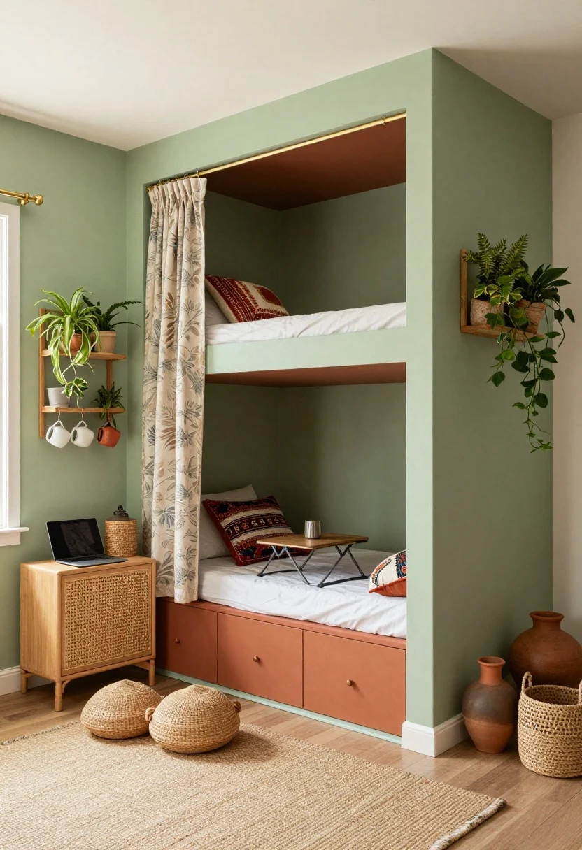 Photorealistic wide shot of a Boho Botanical corner suite with layered loft storage: sage green walls, terracotta accents, abundant plants; raised loft platform bed with built-in drawers and cubbies beneath acting like a concealed closet; under-loft daybed nook with a pull-out trundle; folding accordion table set for laptop use; rattan side cabinet; hanging pot rail displaying plants and mugs; lidded woven baskets for seasonal linens; block-print curtains, flatweave rug, embroidered pillows; warm brass curtain rods, earthy ceramics; dappled natural light, lush and lived-in ambiance, angled from the corner.
