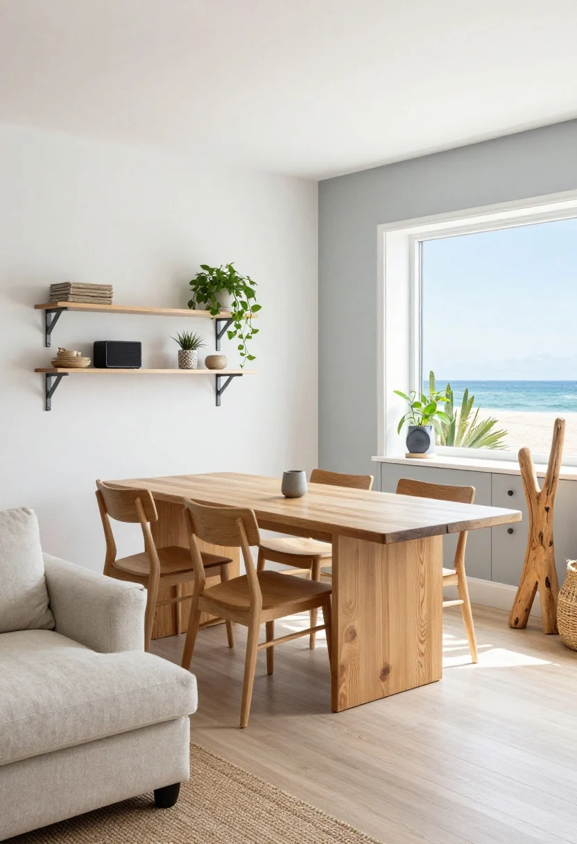 Photorealistic wide shot of a Coastal Scandi dining-lounge: sea-salt white walls, pale blue-gray accent wall, bleached wood floors; console-to-dining transforming table shown extended to seat six; stackable lightweight chairs displayed on a minimalist wall rack like art; airy linen sofa nearby; storage ottoman on casters; under-bench drawers along a window bay; floating corner shelves with plants and small speakers; woven textures including a jute rug, rope-handled baskets, driftwood-tone floor lamp; bright natural coastal daylight, relaxed party-ready vibe, slight overhead angle.