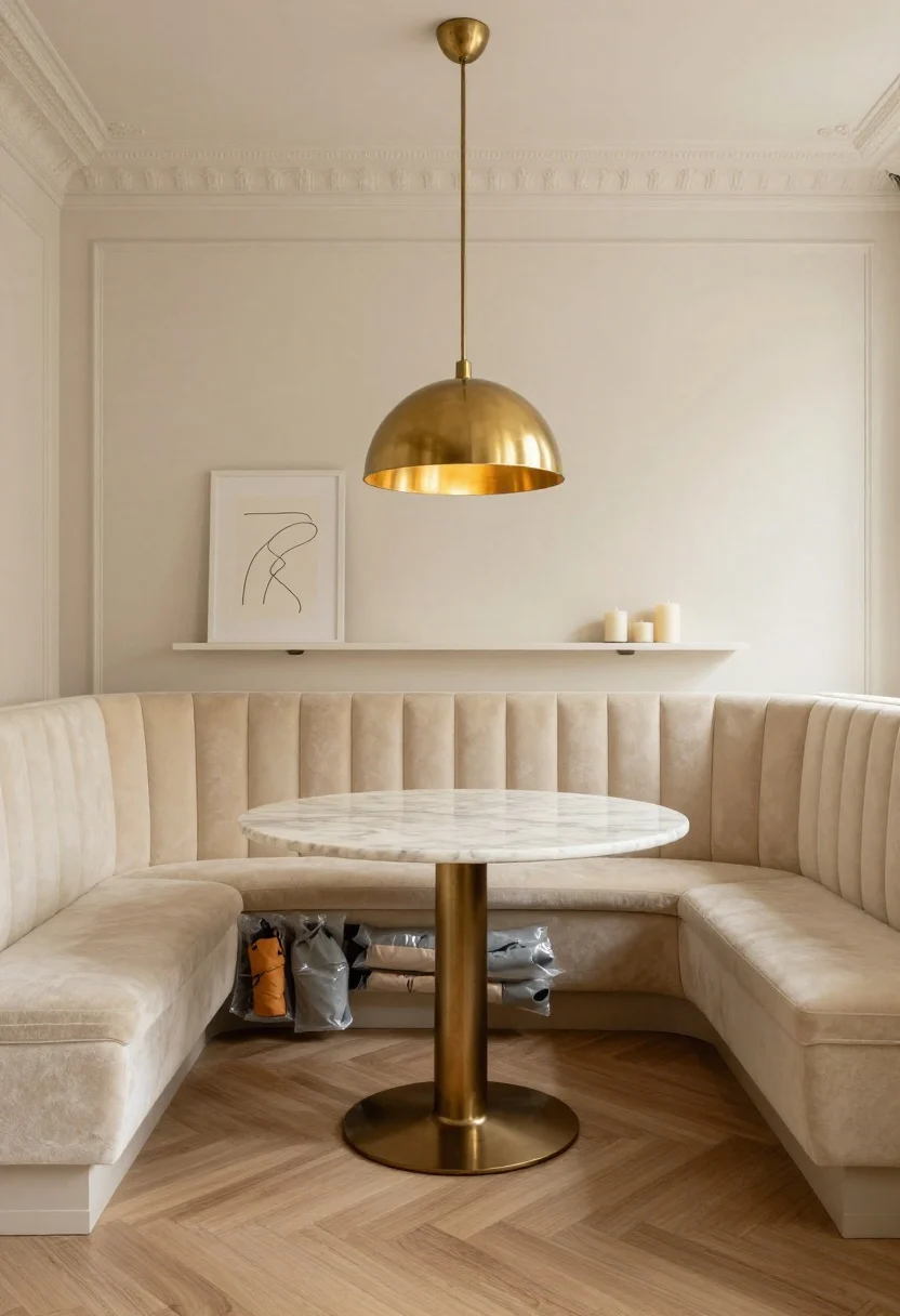 Wide dining corner in Parisian chic style, straight-on: a built-in banquette bench with lift-up seats upholstered in cream boucle or soft velvet, seat raised to reveal vacuum-sealed parkas and ski pants layered over cedar planks; cream walls with delicate molding, a round marble-topped bistro table centered, and a brass dome pendant casting warm glow; a slim gallery ledge displaying minimalist line art and taper candles; brass and marble accents, soft neutral palette, elegant ambiance, photorealistic.