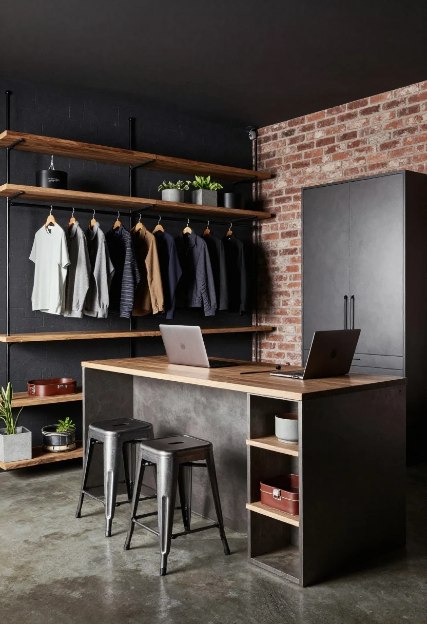 Wide shot, slightly elevated angle: An industrial micro-loft showcasing a floor-to-ceiling rail system with adjustable raw wood shelves, a hanging bar with neatly arranged garments, and a fold-out desk set up with a laptop; a counter-height drop-leaf table serving as a compact kitchen island and dining bar with two stackable metal stools tucked nearby; a narrow murphy cabinet bed closed against a brick-accent wall, concrete-look planters and leather catchall trays on shelves; palette of charcoal, brick, espresso, brushed steel; moody directional light, photorealistic.