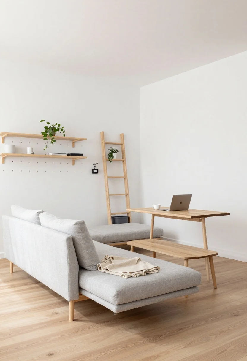 Wide shot, straight-on view: A Scandinavian studio anchored by a slim, high-legged narrow-depth sofa in pale gray linen, floating above light oak floors so daylight passes beneath; cloud white walls, natural oak nesting coffee tables, a wall-mounted drop-leaf table opposite the sofa set as a small dining/laptop station, a queen futon with a linen slipcover layered with tonal wool throws, a peg rail with shelves holding minimal decor, a ladder shelf with plants and books, under-sofa rolling bins partially visible, slimline lighting; palette of cloud white, oat, pale gray, natural oak; airy, sunlit simplicity, no people, photorealistic.