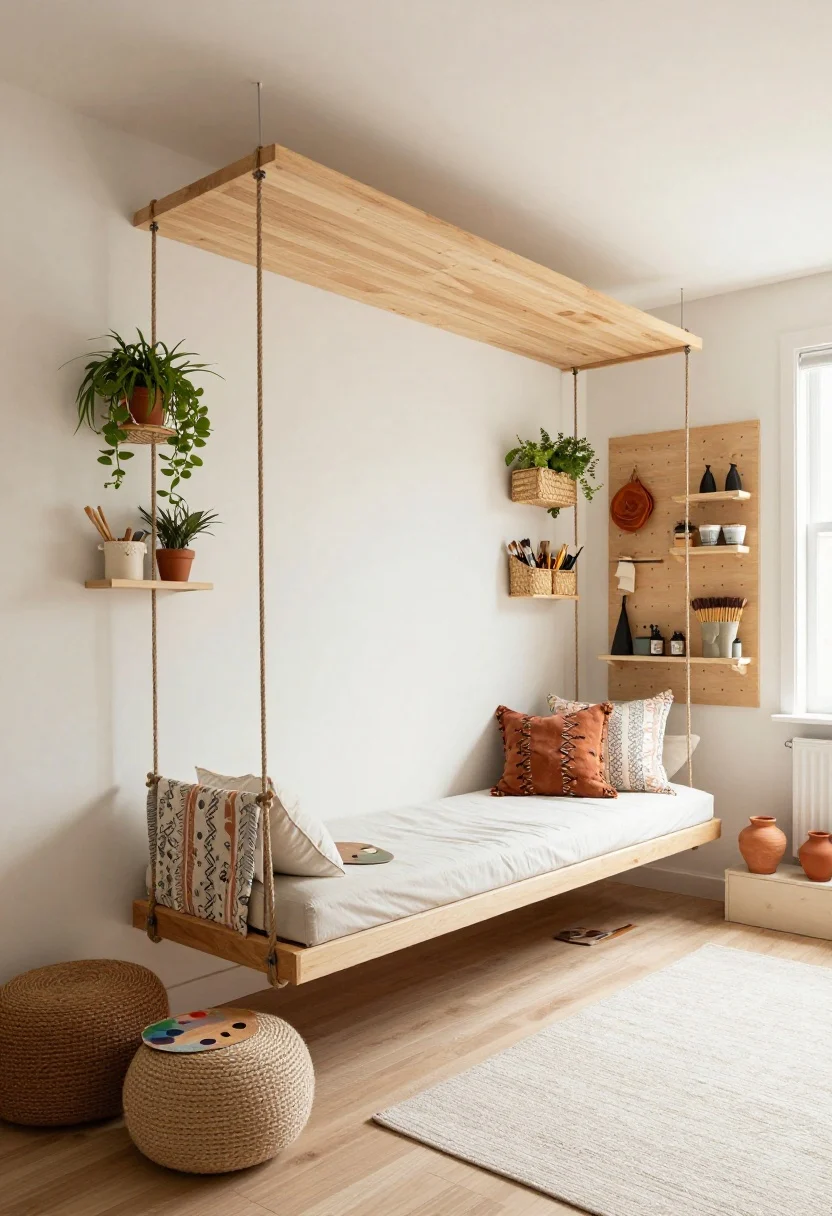Wide shot, upward-leaning perspective: A boho artist’s nest with a ceiling-mounted pulley table lowered for an art project, suspended ropes and hardware visible; a storage chaise sleeper unfolded lengthwise along a narrow wall, flanked by hanging planters; a pegboard wall organized with baskets, rails, and mini shelves holding brushes and supplies; under-window radiator cover shelf styled with terracotta pottery; kilim pillows, block-printed curtains, braided poufs; palette of terracotta, saffron, sage, creamy white; soft natural light, creative yet tidy, photorealistic.