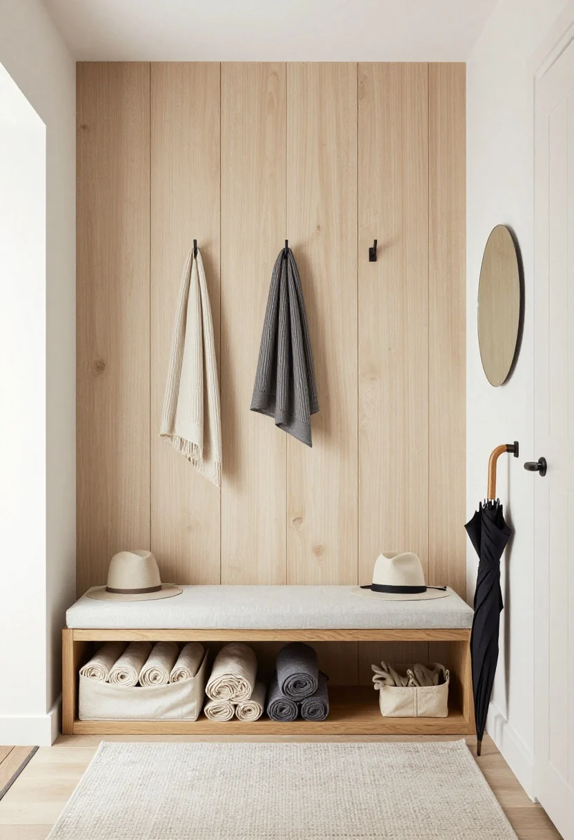 Wide, straight-on entryway scene in Scandinavian style: a pale oak slat wall with matte black hooks holding slim scarves, a slim cushioned lift-top bench in blonde wood beneath, bench top slightly ajar revealing breathable cotton fabric bins organized with rolled scarves, hats, and gloves; soft whites and oat beiges dominate with charcoal accents; a narrow runner rug adds warmth; a small round mirror reflects light; a low-profile umbrella stand near the door; icy fresh palette, ribbed textures, and black metal details; soft natural daylight, photorealistic.