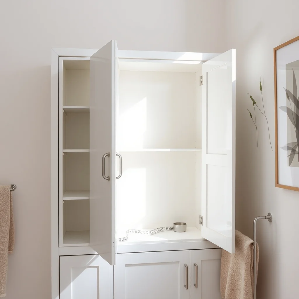 A bright bathroom cabinet interior doors ajar matte white shelves soft natural light spilling in a silver tape measure rests across the depth wooden side panel visible minimalist style