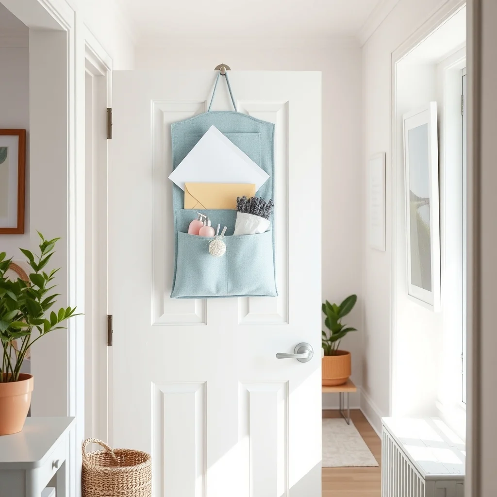 A bright coastal hallway with a white painted door a pastel blue fabric pocket organizer hangs from the top holding pastel envelopes teal toiletries and a small lavender sachet natural light streams from a nearby window