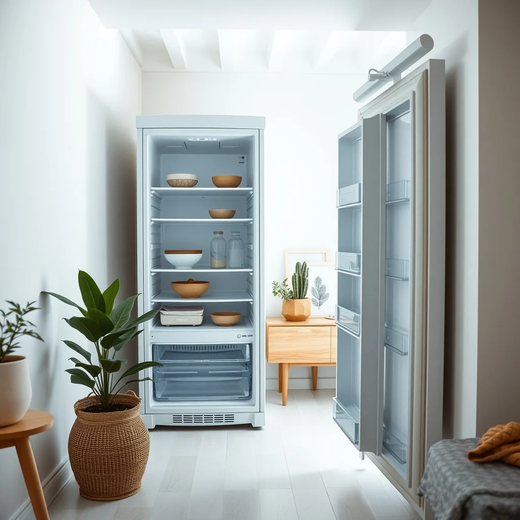 A bright minimalist fridge interior empty shelves revealing matte white walls soft natural light from a nearby window a subtle botanical illustration on the door perspective from the open door looking inward
