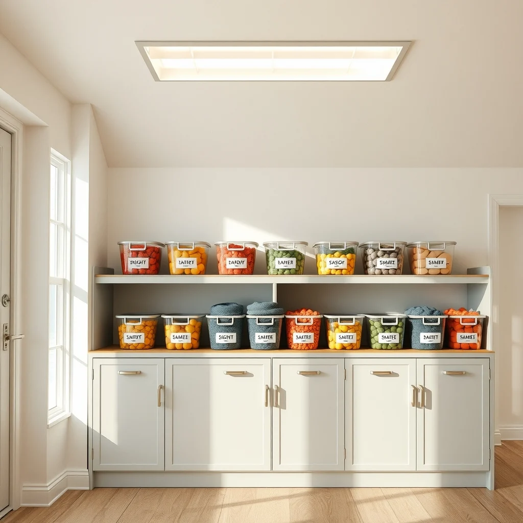 A bright summer season bin row on a light gray shelving unit each container labeled in vivid coral sage amber and slate overhead LED panel casts even crisp illumination for instant color cues