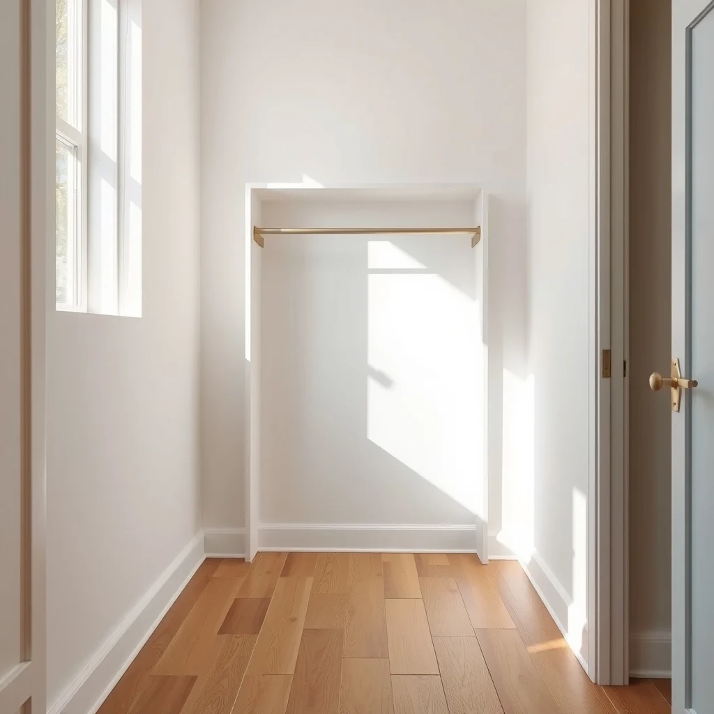 A minimalist small closet with empty wooden floor bare white walls and a single stainless steel hanging rod centered soft natural light streams from a nearby window emphasizing the clear baseline