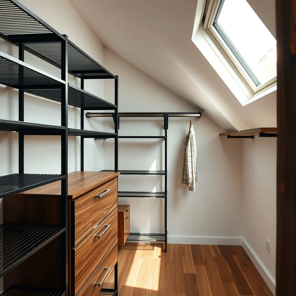 A minimalist walk in closet with sleek matte black metal shelving warm walnut drawers and brushed nickel label holders echoing the hardware soft natural light streams from a frosted skylight highlighting the cohesive visual language