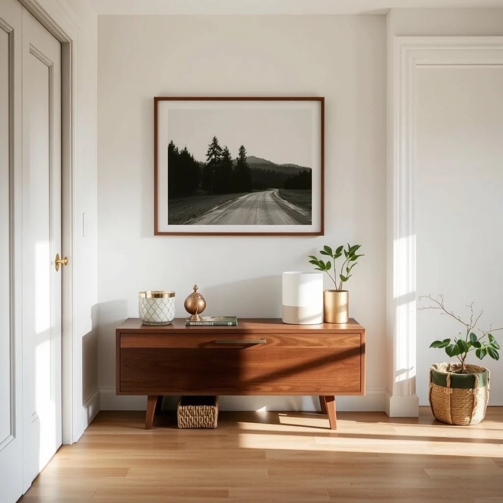 A minimalist walnut bench depth under twelve inches tucked against the entry wall its lift top reveals hidden compartments while a subtle brass pull blends into the sleek